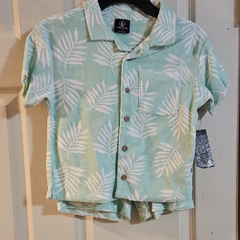 VOLCOM YOUTH 2 PIECE TERRY CLOTH OUTFIT: BLUE/GREEN TROPICAL: NEW WITH TAGS:SZ 5